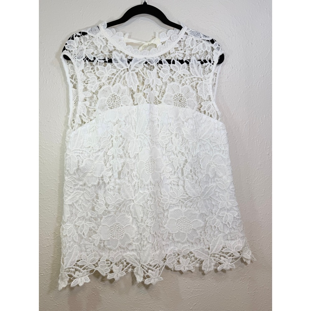 White Floral Lace Sleeveless Top Keyhole Back Ribbon Tie Scalloped Hem Lined XL